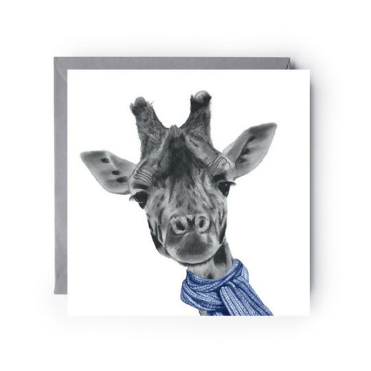 Hand Drawn Blue Scarved Giraffe Winter Wishes Card