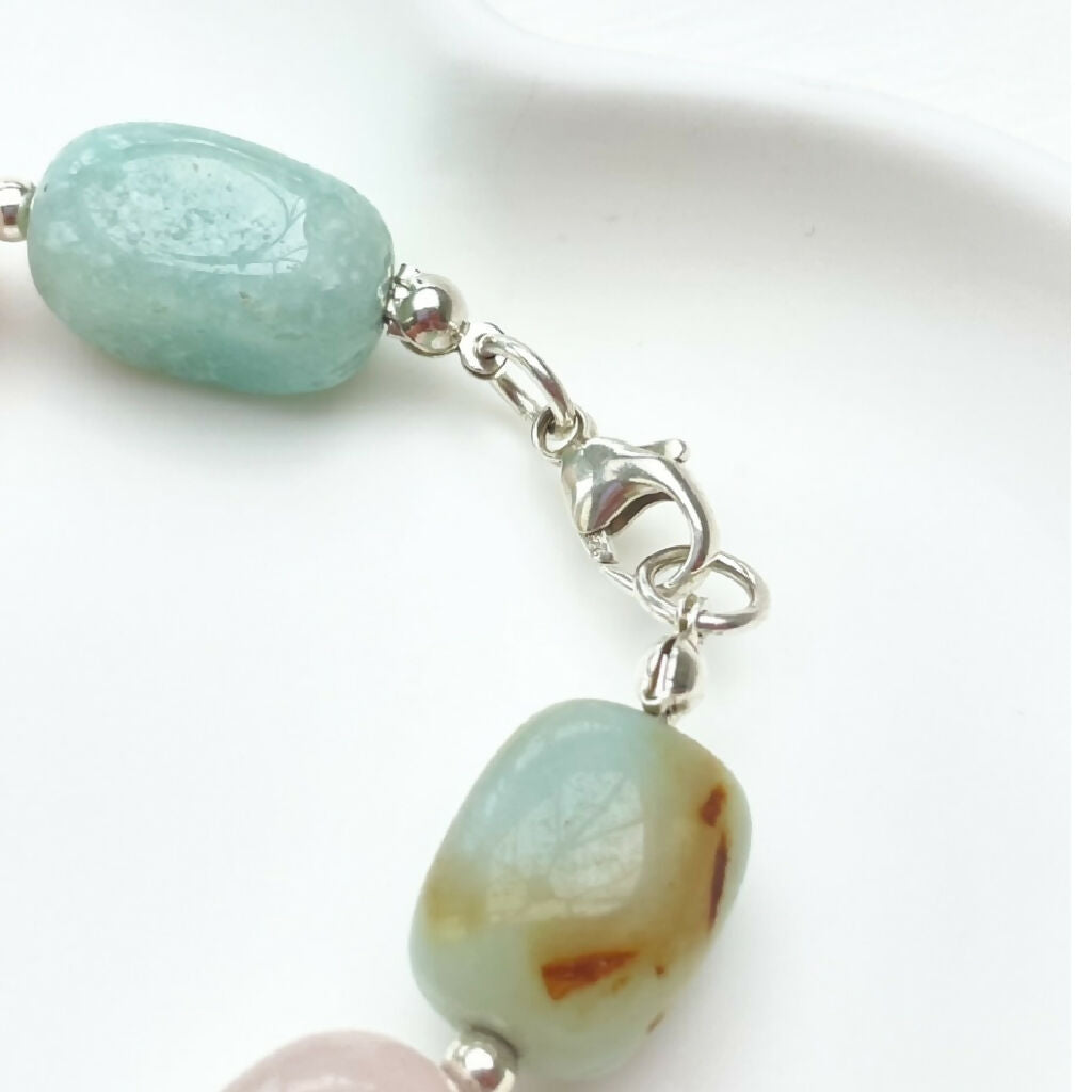 Rose Quartz & Amazonite Chunky Sterling Silver Bracelet