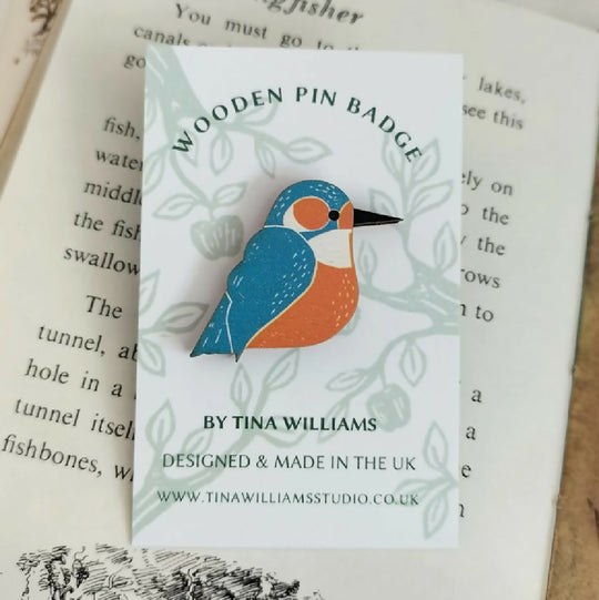 Kingfisher - Wooden Brooch Pin Badge