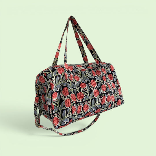 Weekend Duffle Bag | Black and Red Block Print Floral with Long Strap