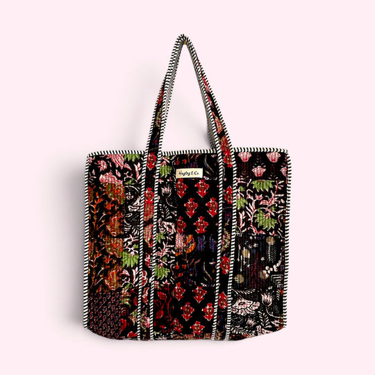 Black Patchwork Floral Block Print Quilted Cotton Tote Bag