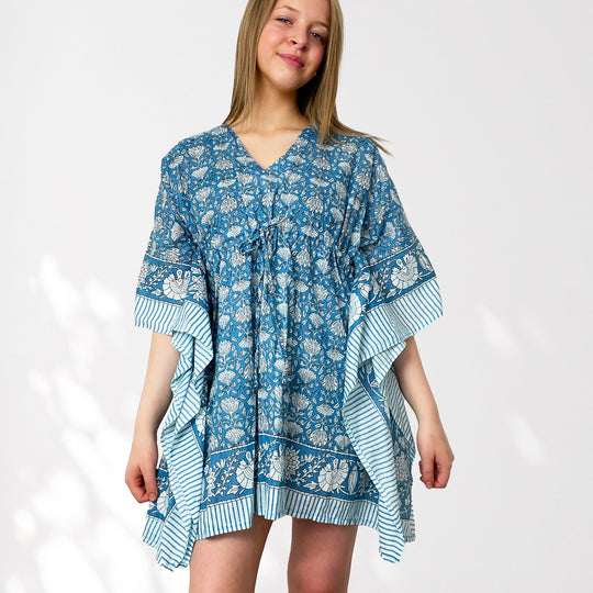 Blue Floral Print 100% Cotton Beach Kaftan