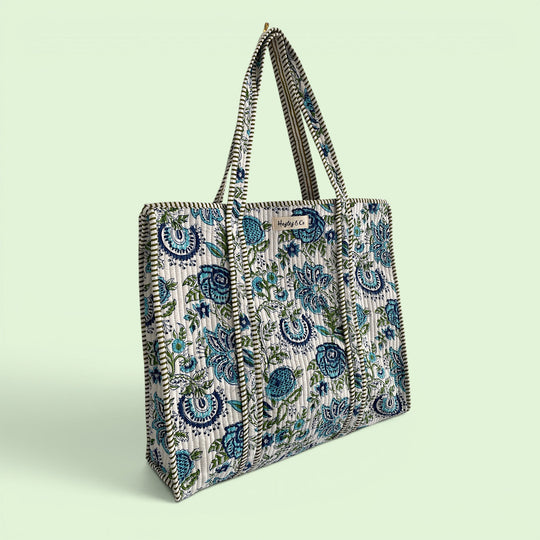 Blue and Green Floral Quilted Cotton Tote Bag
