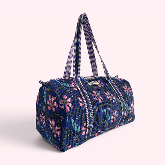 Blue and Purple Floral Block Print Cotton Quilted Weekend Duffle Bag