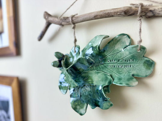 Double Oak leaf with acorn sculpture - Hand sculpted Personalised Ceramic Wall Hanging, wedding gift - MADE TO ORDER