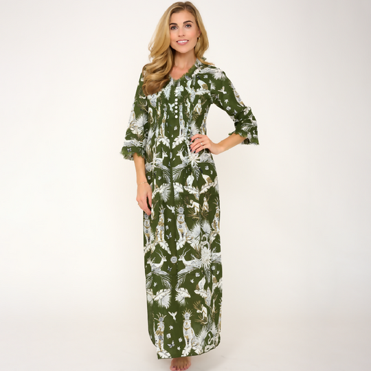Cotton Annabel Maxi Dress in Olive Green Tropical