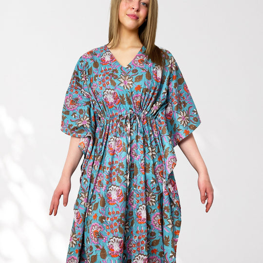 Bright Blue and Pink Floral Print Long 100% Cotton Kaftan