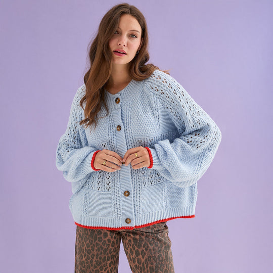 Brigit Pointelle Stitch Balloon Sleeve Cardigan - Blue