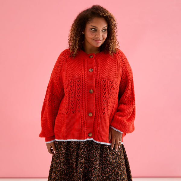 Brigit Pointelle Stitch Balloon Sleeve Cardigan - Orange