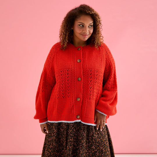 Brigit Pointelle Stitch Balloon Sleeve Cardigan - Orange