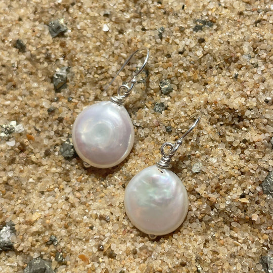 Round Coin Freshwater Pearls Sterling Silver Earrings