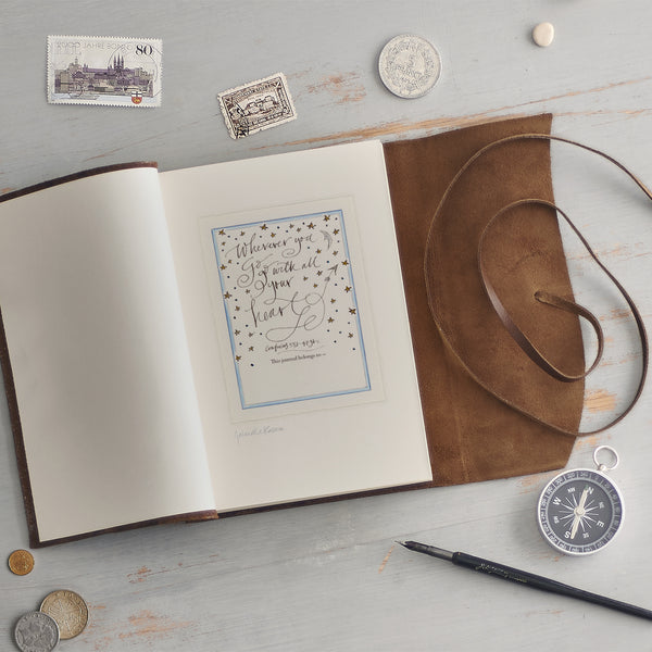 Handmade Brown Leather Journal Notebook With Hand Painted Printed Title Page Illustration