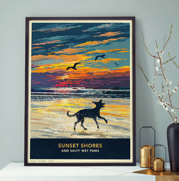 WHIPPET OR GREYHOUND 'SUNSET ON THE BEACH' LIMITED EDITION ART PRINT