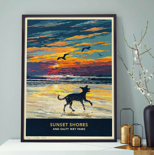 WHIPPET OR GREYHOUND 'SUNSET ON THE BEACH' LIMITED EDITION ART PRINT