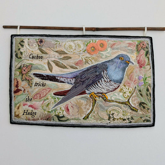 Cuckoo tricks the Hedge - Textile embroidery hanging