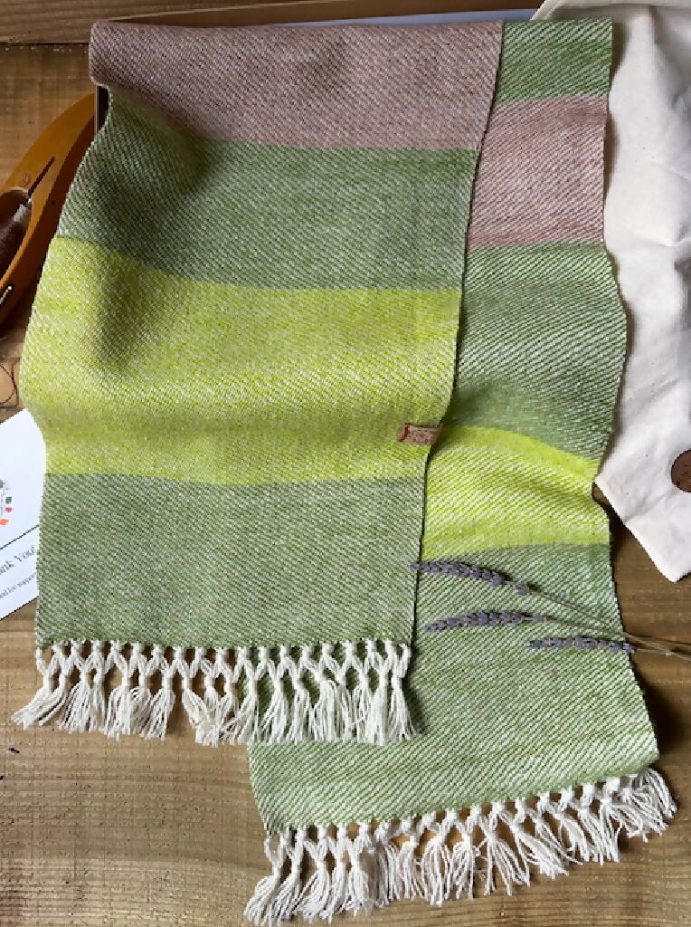 Green and Taupe Striped Lightweight British Wool Regular Scarf