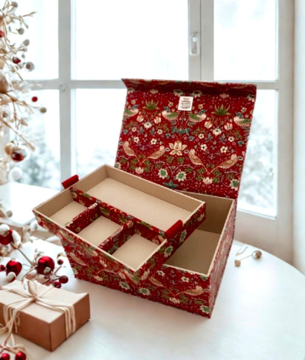 Handmade Strawberry Thief Red Box | Willing Morris Organiser with Tray