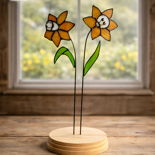 Stained Glass Daffodil Duo – Handmade Tiffany Style Flowers in Reclaimed Wood Base