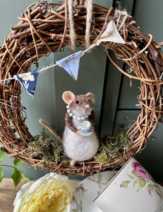 Handmade Needle-Felted Lady Mouse with Teacup on Rustic Wreath