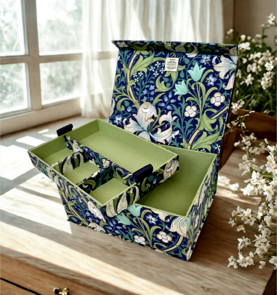 Handmade Golden Lily Jewellery Box | William Morris Fabric Organiser with Removable Tray