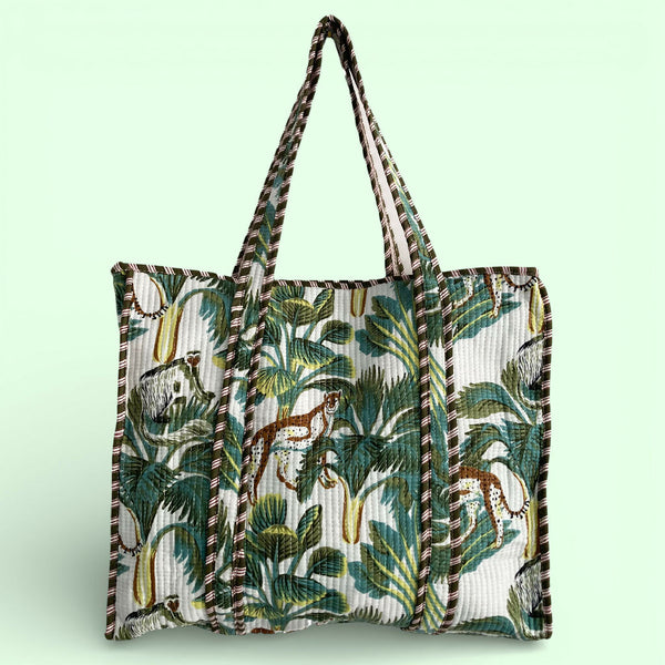 Leopard Print Large Quilted Cotton Tote Shoulder Bag in White