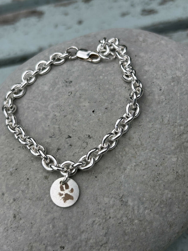 Dog paw print charm on a silver chunky bracelet-made to order customised to your own dog or cat