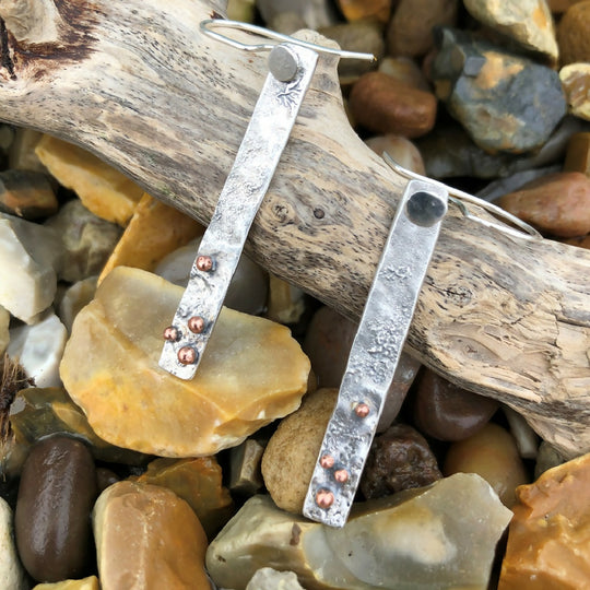 Textured Sterling Silver and Copper Drop Earrings