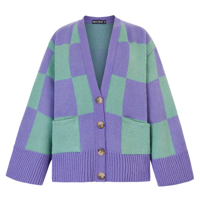 Candice Checked Cardigan with Wide Sleeves - Purple & Green