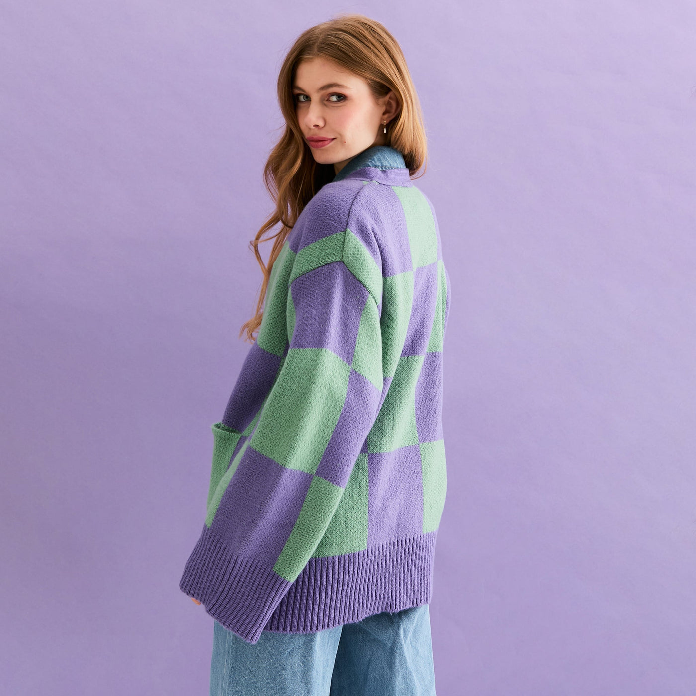 Candice Checked Cardigan with Wide Sleeves - Purple & Green