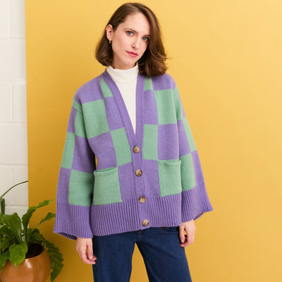 Candice Checked Cardigan with Wide Sleeves - Purple & Green