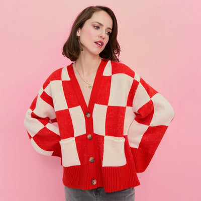 Candice Checked Wide Sleeve Cardigan - Red & White