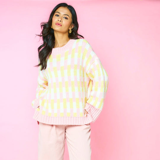 Charlotte Geometric Pattern Wide Sleeve Knit Jumper - Pink