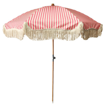 French Pink/Antique White Stripe Large Tassel Fringed Outdoor Parasol