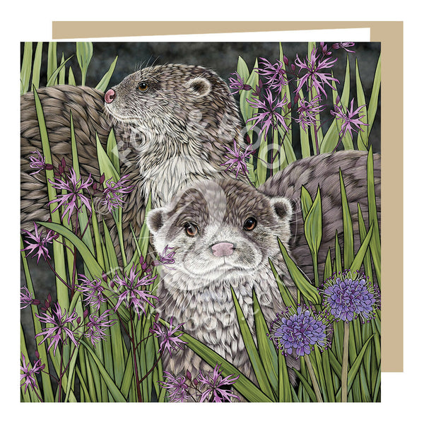 Otter greeting card by Fox and Boo, featuring two cute otters in marsh plants with pink flowers.