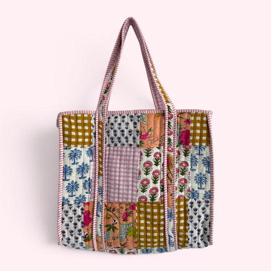Cottage Floral Pink and Gingham Quilted Cotton Tote Bag
