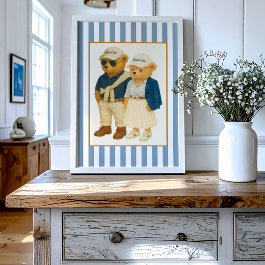Vintage Cape Cod and Nantucket Bear Print, Coastal Striped Artwork in Denim Blue