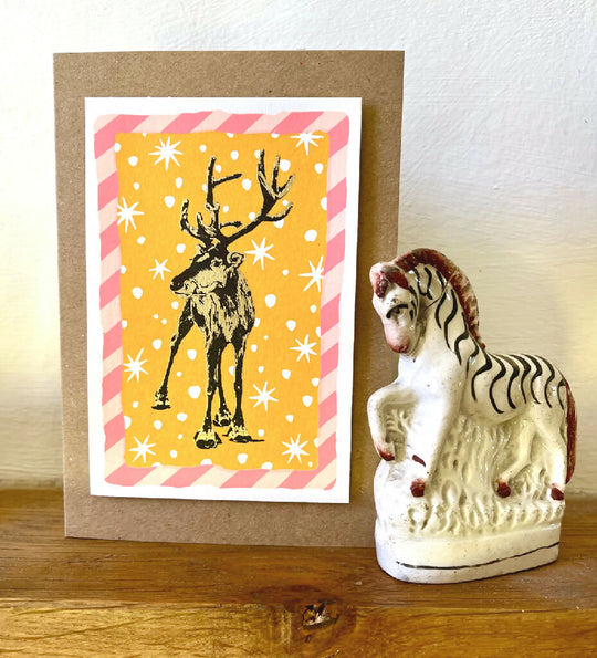 Reindeer with candy Stripes, Hand Screenprinted Christmas Card