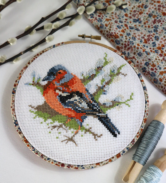 Chaffinch on Pussy Willow, Cross Stitch Embroidery Hoop Wall Hanging Kit