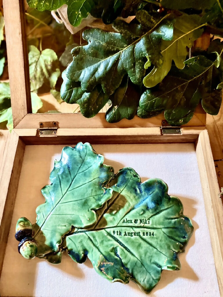 Double Oak leaf with acorn sculpture - Hand sculpted Personalised Ceramic Wall Hanging, wedding gift - MADE TO ORDER