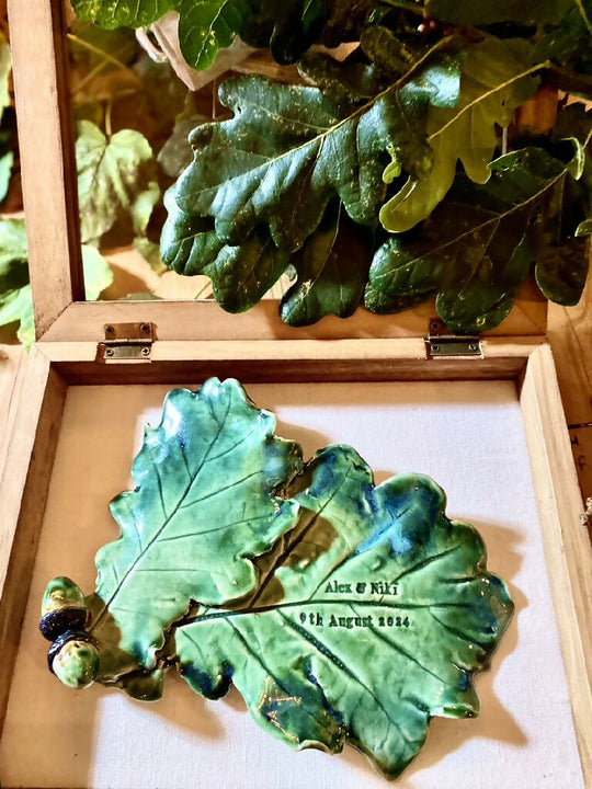 Double Oak leaf with acorn sculpture - Hand sculpted Personalised Ceramic Wall Hanging, wedding gift - MADE TO ORDER