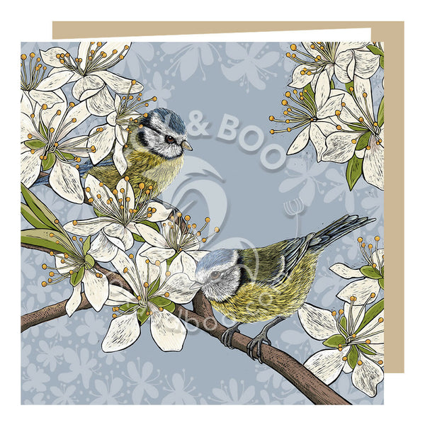 Blue tits greeting card by Fox and Boo, featuring two cheeky blue tits in spring blossom with a blue grey background