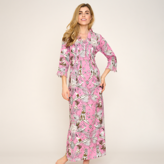 Cotton Annabel Maxi Dress in Pink Tropical