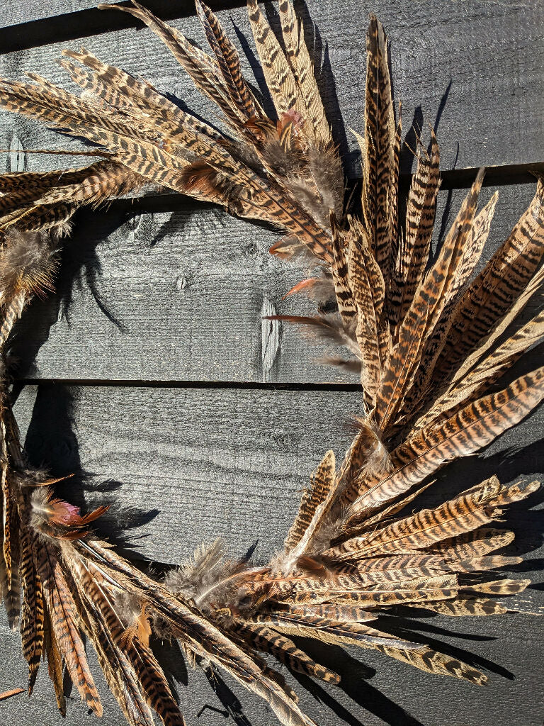 Feather Wreath with Pheasant Feathers on Slim Brass Metal Frame