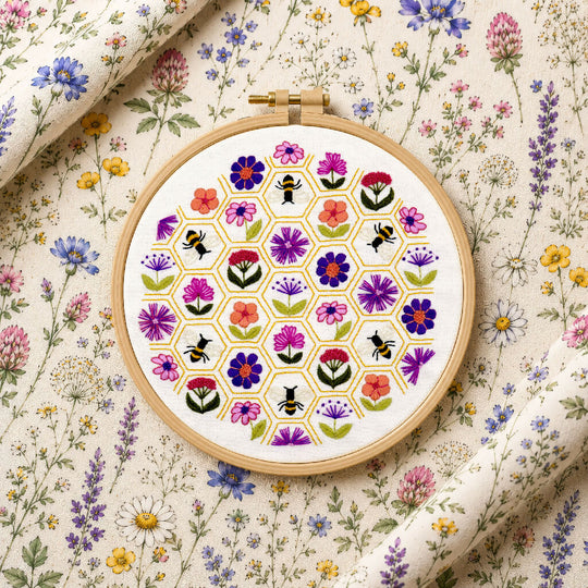 Flower Hive Hand Embroidery Kit with Pre Printed Fabric and Colour Pattern