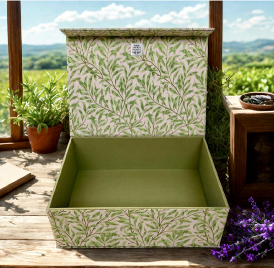 Handmade Green Willow Memory Box | William Morris Fabric Keepsake Box with Magnetic Closure