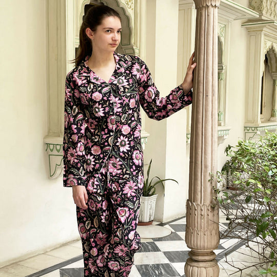 Black and Pink Block Print Floral 100% Cotton Long Pyjama Set