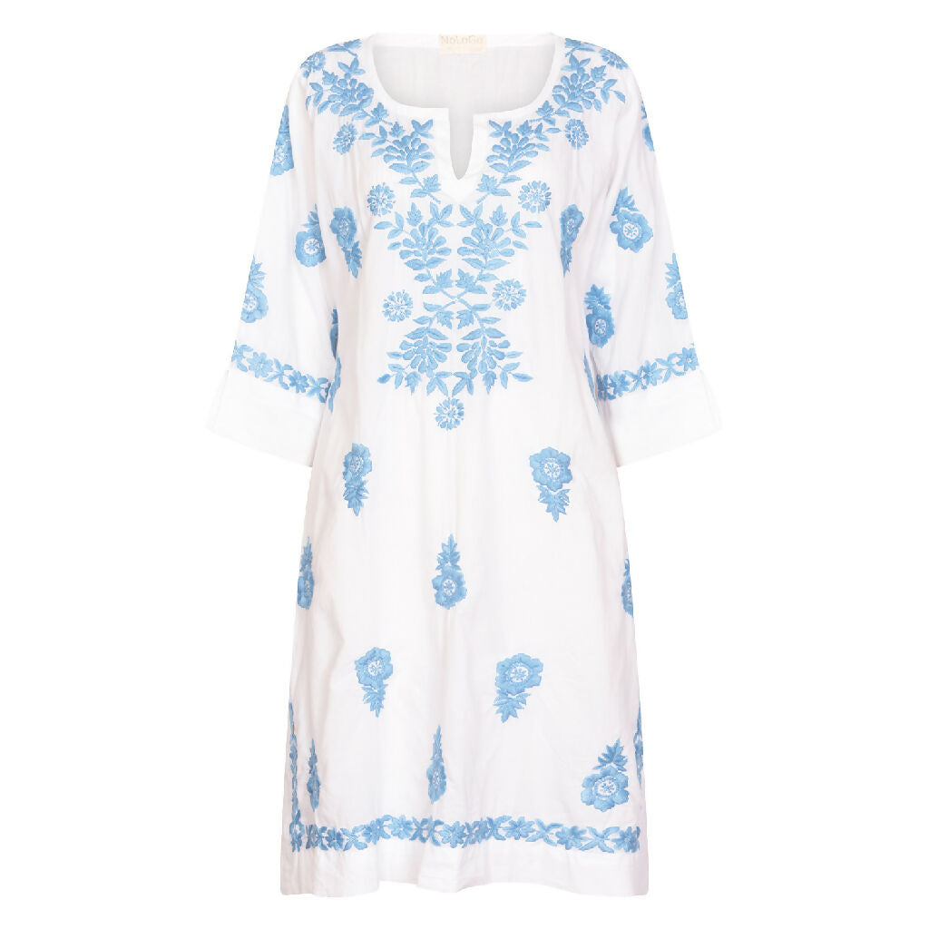 White Harriet Dress with Blue Hand Embroidery