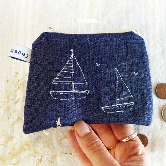 Embroidered Ink Linen Boats Purse