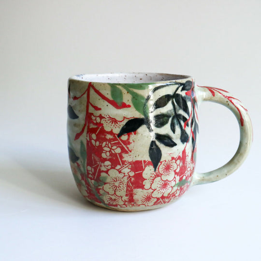 Handmade Ceramic Mug in Red Leaf Design