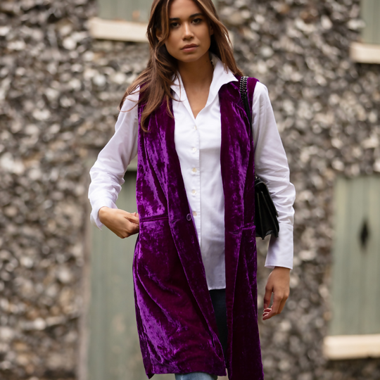 Long Silk Velvet Waistcoat In Violet